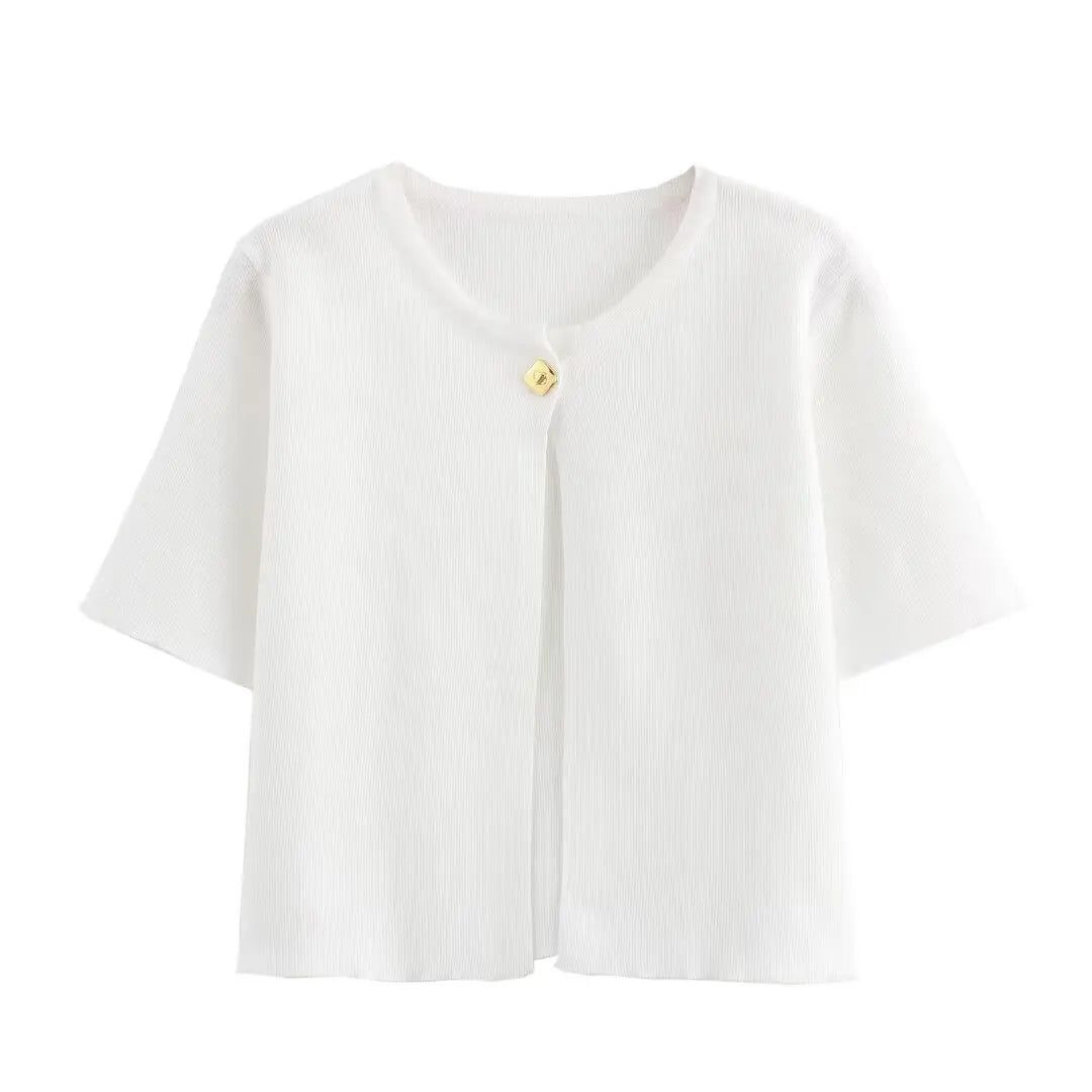 TRAFZA Women Elegant Solid Cardigan Coat Jackets Short Sleeve Metal Button Thin Knitted Shirt Female Y2K Cropped Top Outwear