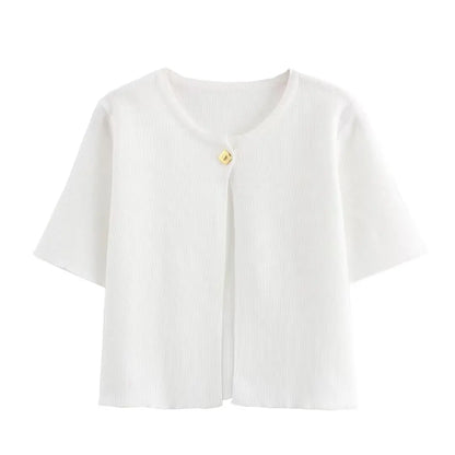 TRAFZA Women Elegant Solid Cardigan Coat Jackets Short Sleeve Metal Button Thin Knitted Shirt Female Y2K Cropped Top Outwear