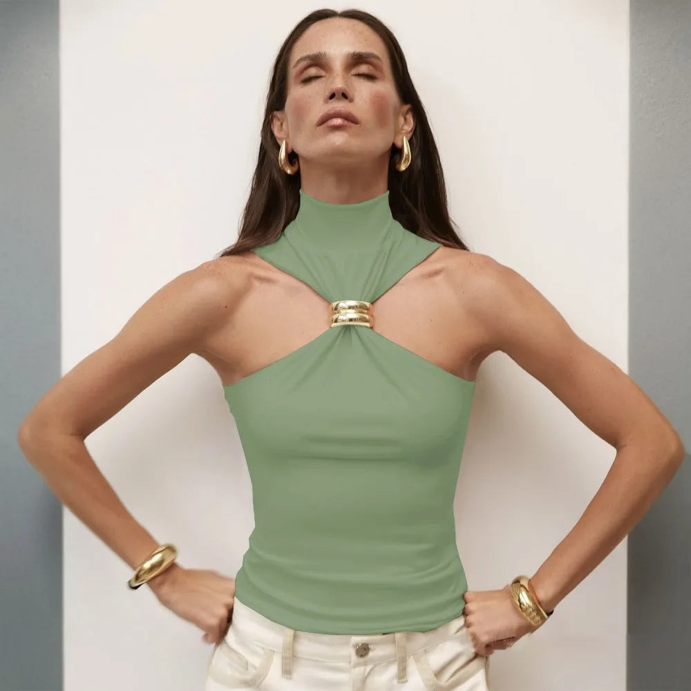 Summer Sexy Metal Ring Off Shoulder Tank Tops Women Fashion Turtleneck Sleeveless Slim Cropped Tops Elastic T-shirts Tee 2025