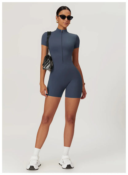 Yoga Jumpsuit Summer Short Sleeve Zipper Sports Wear Gym Fitness Sports Bodysuits Women Dance Running Workout Clothes Yoga Suit