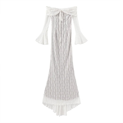 Suninheart White Off The Shoulder Bodycon Dress 2024 New in Flare Sleeve Elegant Lace Maxi Dress Wedding Guest Dress for Women