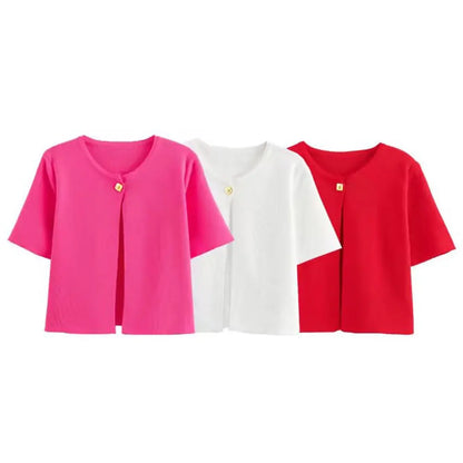 TRAFZA Women Elegant Solid Cardigan Coat Jackets Short Sleeve Metal Button Thin Knitted Shirt Female Y2K Cropped Top Outwear