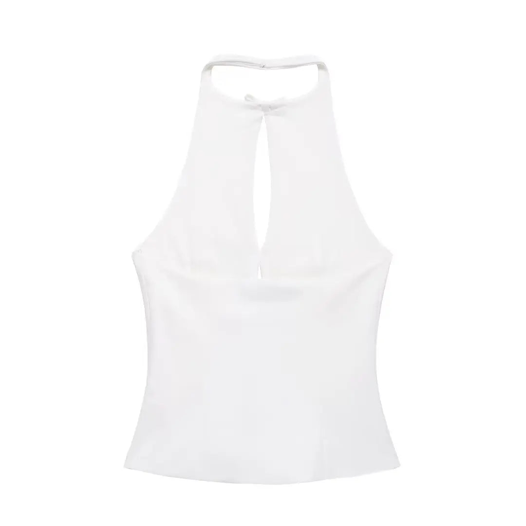 TRAFZA 2024 Women's Retro Bow-trimmed Vest Elegant Solid O Neck Sleeveless Off-shoulder Halterneck Summer Vintage Casual Tops