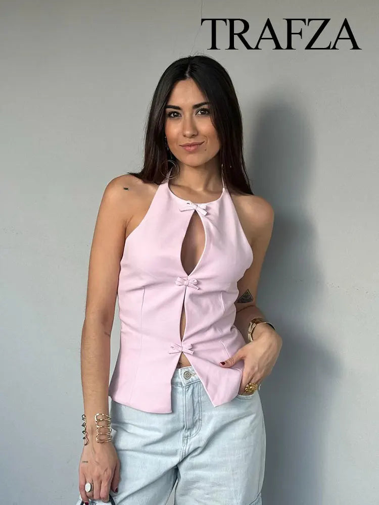 TRAFZA 2024 Women's Retro Bow-trimmed Vest Elegant Solid O Neck Sleeveless Off-shoulder Halterneck Summer Vintage Casual Tops