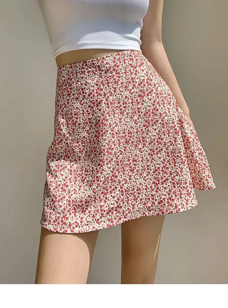 Retro French Girl Floral Skirt Summer Large Size High Waist Long Legs A-line Skirt Popular Vacation Short Skirt Umbrella Skirt