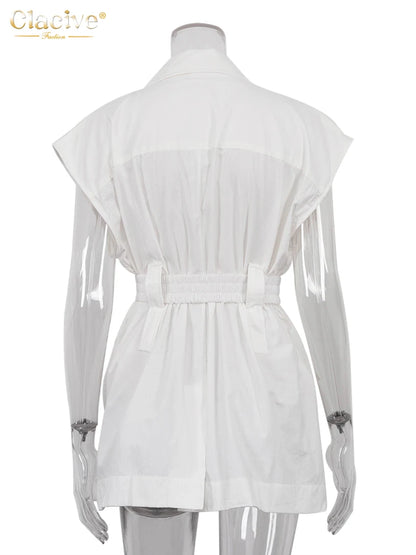 Clacive Fashion Loose White Cotton Women's Shirt 2024 Elegant Lapel Sleeveless Shirts Casual Classic Solid Top Female Clothing