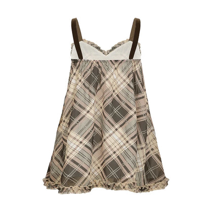 IAMHOTTY Plaid Print Camisole Vintage Contrast Color Tie-up Bow A-line Crop Top Y2K Aesthetic V-neck Corset Cute Holiday Outfits