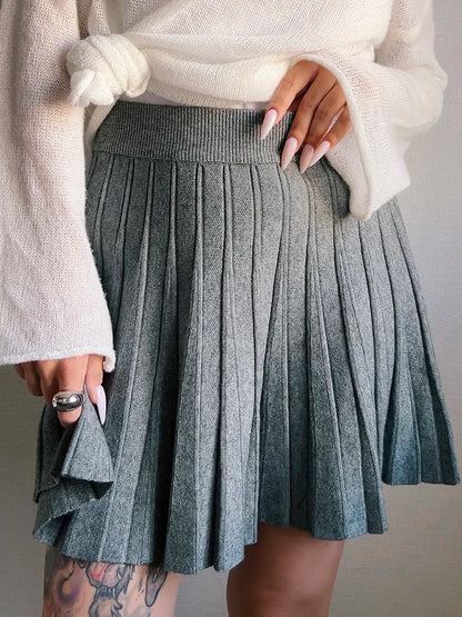 Spring Knit White Mini Pleated Skirts For Women A Line Skirt Gray High Waist Women Knitted Pleated Short Skirts Korean Fashion