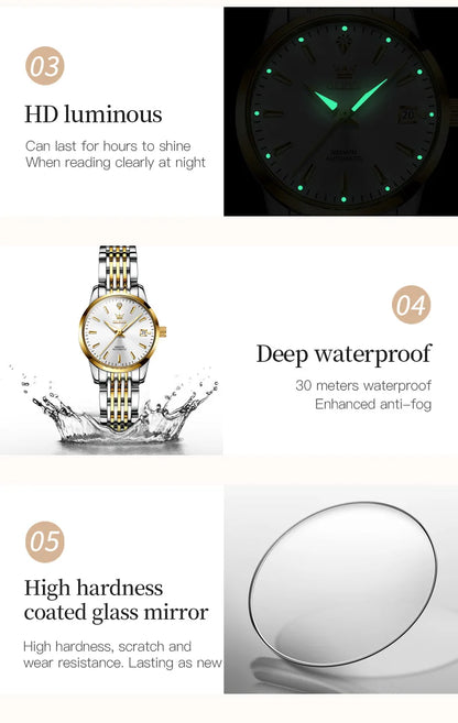 OLEVS 6635 Luxury Brand Ladies Watch Automatic Mechanical Wristwatch Waterproof Stainless Steel Watch For Women Chronograph Date