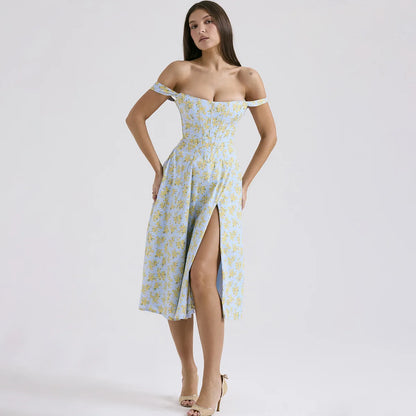 Suninheart Elegant Summer Corset Dress 2024 New Arrivals Blue Slit Flower Print Flare Dress Midi Casual Lace Up Holiday Dress