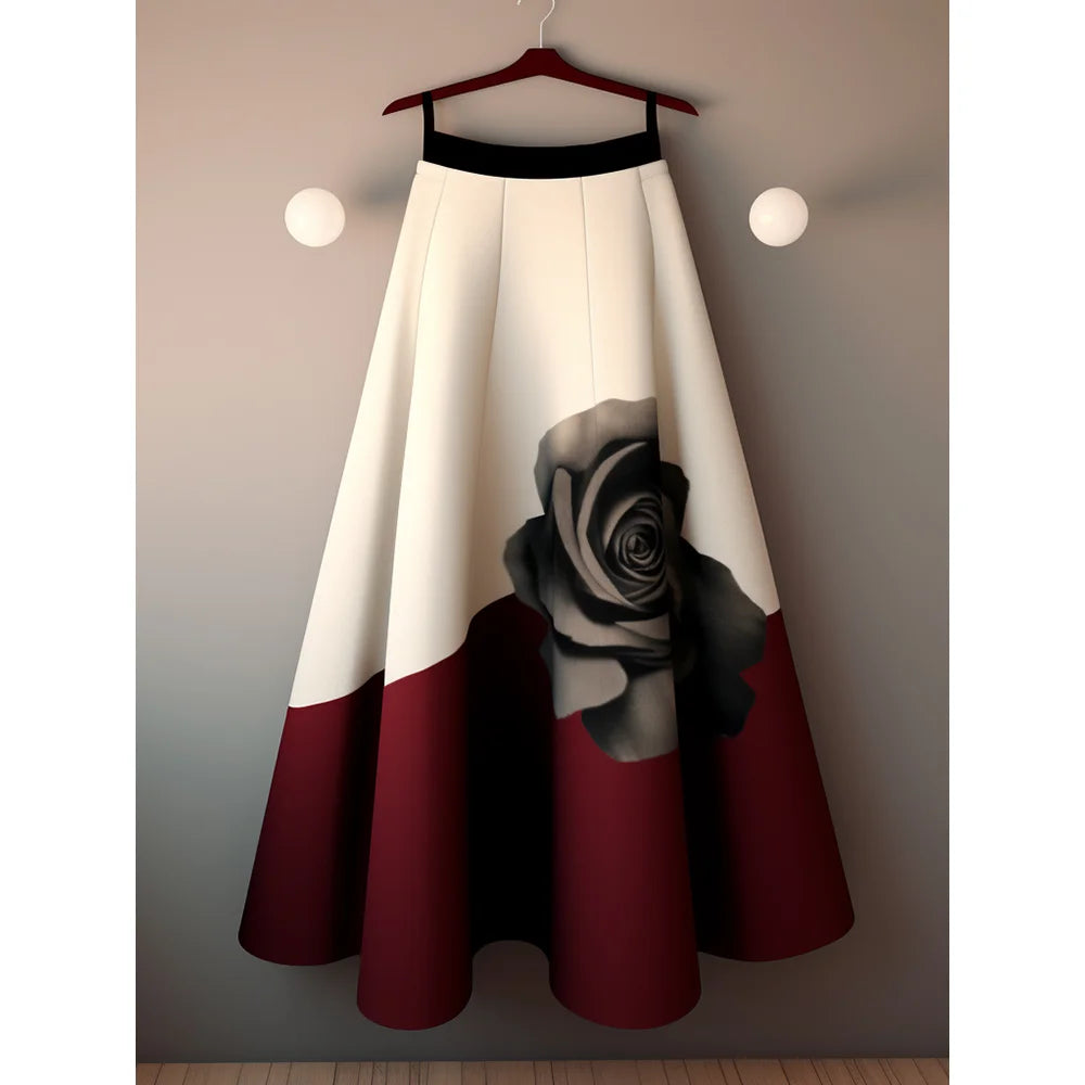 Vintage Skirt Women's Clothing Contrast Color Floral A-line Temperament Jupe 2025 Faldas Mujer De Moda Big Swing Summer Skirts