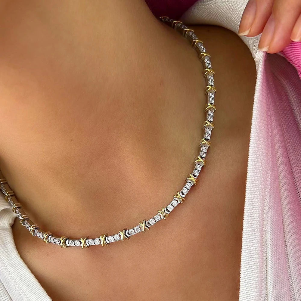 2025 New Iced Out Bling Cross Heart Tennis Chain Necklace Gold Silver Color 5A Cubic Zirconia CZ Charm Choker For Women Jewelry