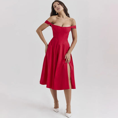 Suninheart Elegant Summer Corset Dress 2024 New Arrivals Blue Slit Flower Print Flare Dress Midi Casual Lace Up Holiday Dress