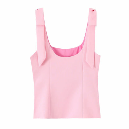 TRAFZA Summer Woman Elegant High Street Solid Side Zipper Slim Tops Women's Chic Sexy Sleeveless Bow Square Collar Sling Top