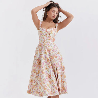 Suninheart Elegant Summer Corset Dress 2024 New Arrivals Blue Slit Flower Print Flare Dress Midi Casual Lace Up Holiday Dress