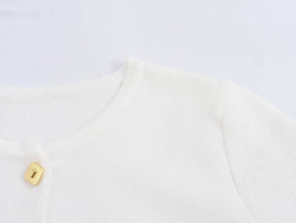 TRAFZA Women Elegant Solid Cardigan Coat Jackets Short Sleeve Metal Button Thin Knitted Shirt Female Y2K Cropped Top Outwear