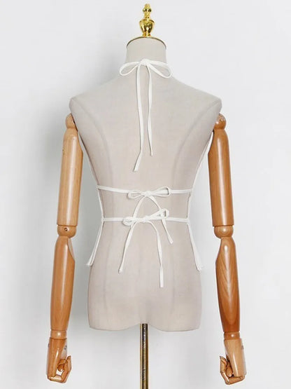 VGH Solid Patchwork Folds Sexy Tank Tops For Women Halter Sleeveless Backless Splice Lace Up Minimalist Vests Female Fashion New