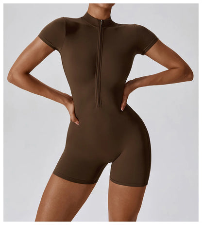 Yoga Jumpsuit Summer Short Sleeve Zipper Sports Wear Gym Fitness Sports Bodysuits Women Dance Running Workout Clothes Yoga Suit