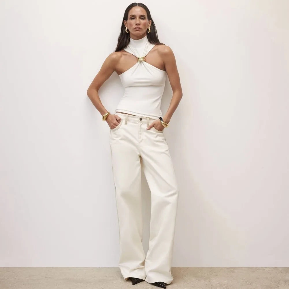 Summer Sexy Metal Ring Off Shoulder Tank Tops Women Fashion Turtleneck Sleeveless Slim Cropped Tops Elastic T-shirts Tee 2025