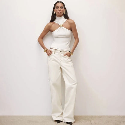 Summer Sexy Metal Ring Off Shoulder Tank Tops Women Fashion Turtleneck Sleeveless Slim Cropped Tops Elastic T-shirts Tee 2025