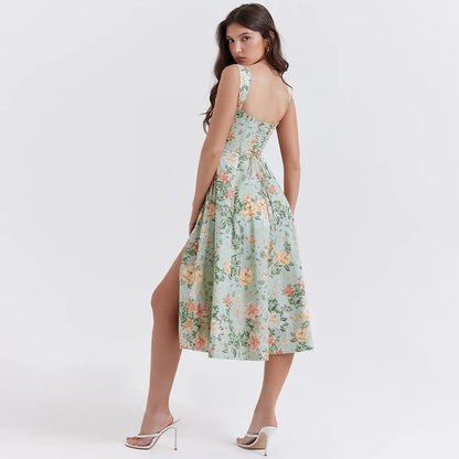 Suninheart Elegant Summer Corset Dress 2024 New Arrivals Blue Slit Flower Print Flare Dress Midi Casual Lace Up Holiday Dress