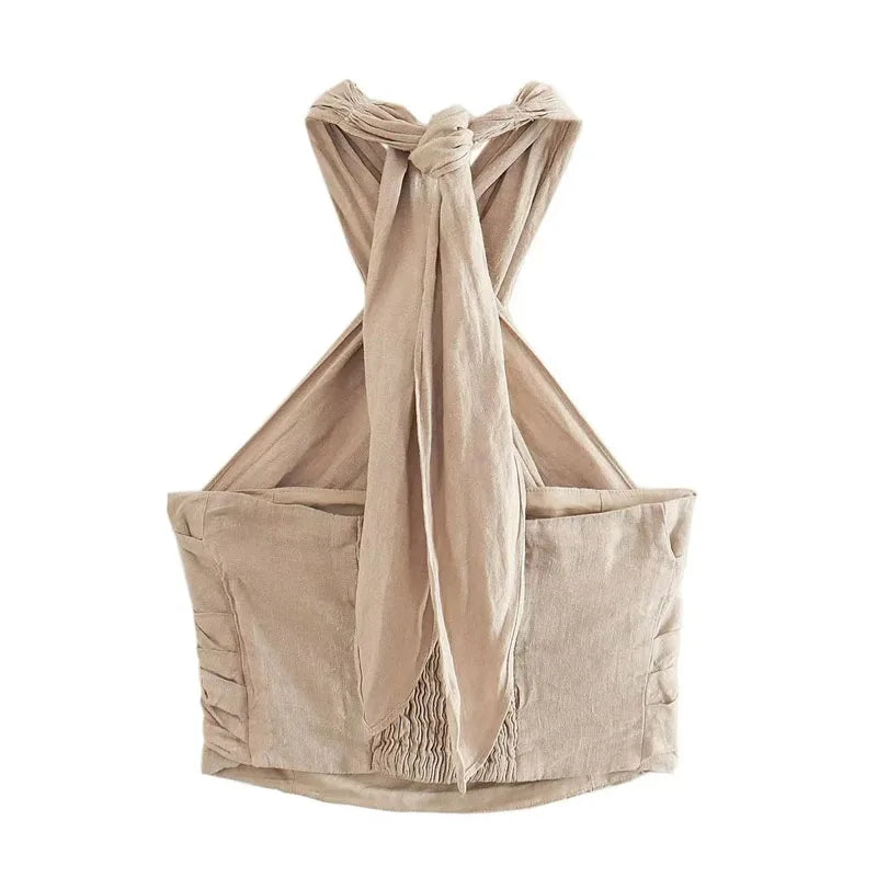 TRAF Linen Halter Top Summer Tops For Women 2023 Crop Backless Sleeveless Sexy Top Designer Female's Elegant Fashion Top Trend
