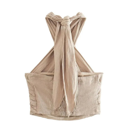 TRAF Linen Halter Top Summer Tops For Women 2023 Crop Backless Sleeveless Sexy Top Designer Female's Elegant Fashion Top Trend