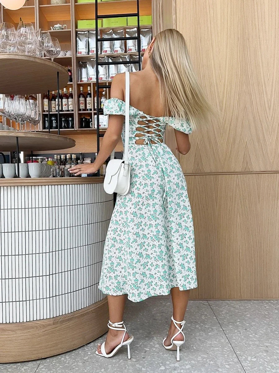 Wolfeel Women's Off Shoulder Floral Dress Summer New Fashionable Slit Long Slim Fit Print Dress Sexy Hot Girl Evening Dresses