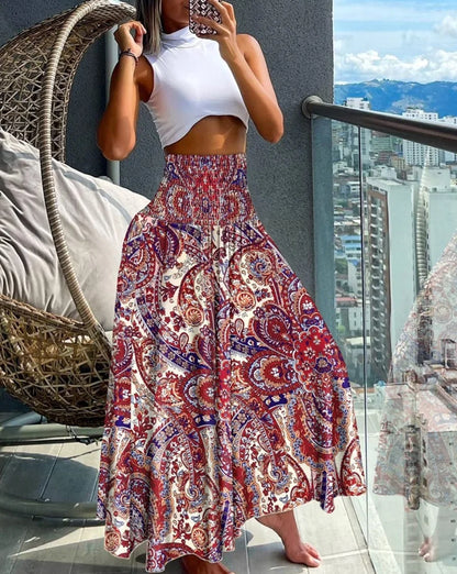 Fashion Cotton Women Floral Print Skirt Side Tie Beach Skirts Summer High Waist Wrap Flower Long Skirt