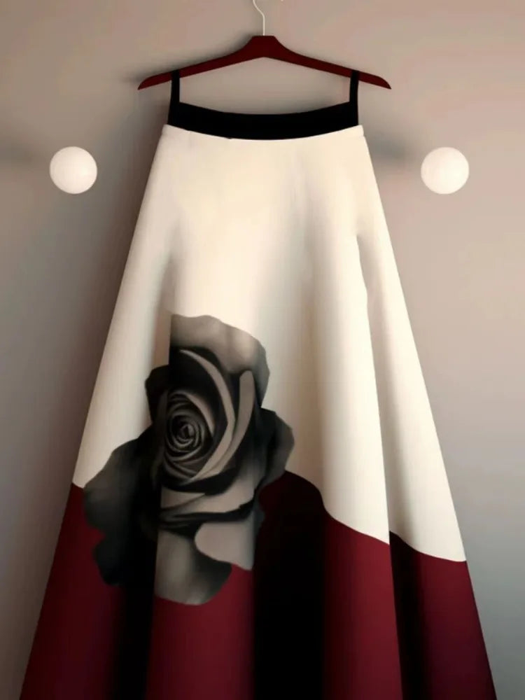 Vintage Skirt Women's Clothing Contrast Color Floral A-line Temperament Jupe 2025 Faldas Mujer De Moda Big Swing Summer Skirts