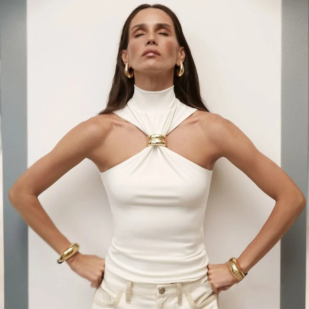 Summer Sexy Metal Ring Off Shoulder Tank Tops Women Fashion Turtleneck Sleeveless Slim Cropped Tops Elastic T-shirts Tee 2025
