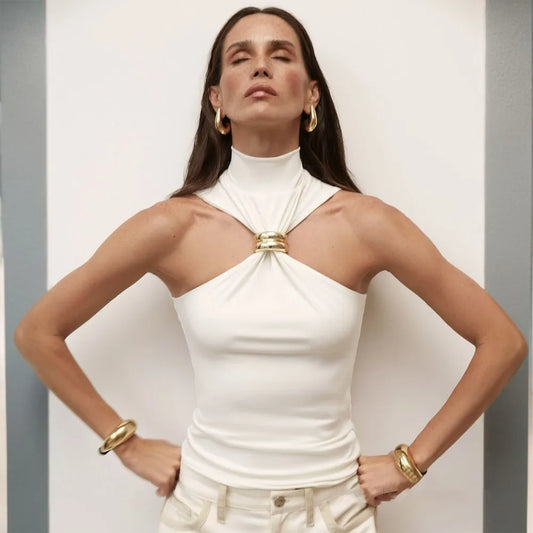 Summer Sexy Metal Ring Off Shoulder Tank Tops Women Fashion Turtleneck Sleeveless Slim Cropped Tops Elastic T-shirts Tee 2025