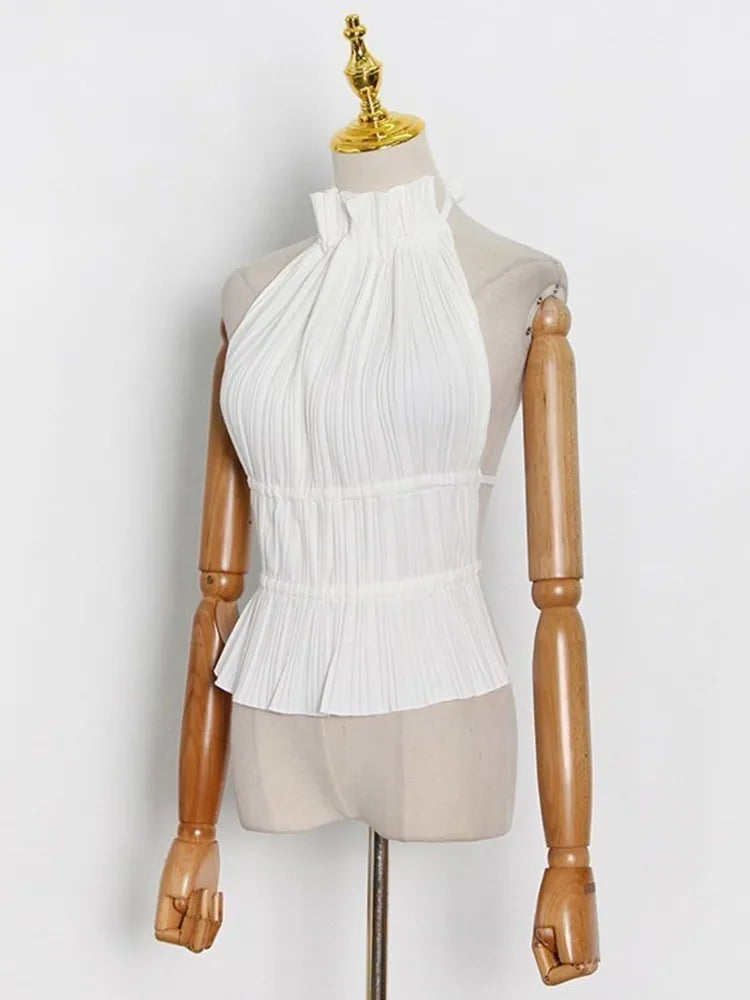 VGH Solid Patchwork Folds Sexy Tank Tops For Women Halter Sleeveless Backless Splice Lace Up Minimalist Vests Female Fashion New