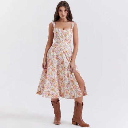 Suninheart Elegant Summer Corset Dress 2024 New Arrivals Blue Slit Flower Print Flare Dress Midi Casual Lace Up Holiday Dress