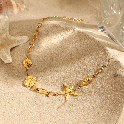Zora Summer Beach Women's Starfish Clavicle Necklace Ocean Elements 18K Gold-plated Stainless Steel Waterproof Jewelry
