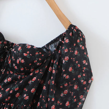 2022 Women Sexy Cross Bandage Black Flower Print Puff Long Sleeve Dress 3 layer Wood Ears Ruffles Hem Cake Mini Holiday Robe