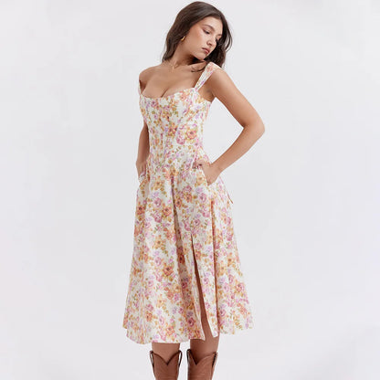 Suninheart Elegant Summer Corset Dress 2024 New Arrivals Blue Slit Flower Print Flare Dress Midi Casual Lace Up Holiday Dress