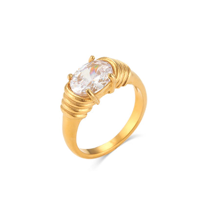 Strong Prong Setting Oval Cutt 3A Zircon Shiny Green Red Black White Stone Ring Stainless Steel 18K Gold Plated Rings For Women
