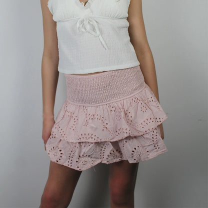 Women Y2K Ruffle Layered Hollow Mini Skirts Smocked A Line Pleated Short Skirts Teen Girls Boho Beach Kawaii Mini Skirts