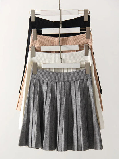 Spring Knit White Mini Pleated Skirts For Women A Line Skirt Gray High Waist Women Knitted Pleated Short Skirts Korean Fashion