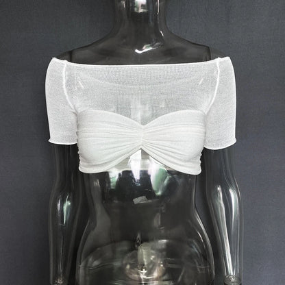 Mozision See Through Mesh Crop Top Women Pullovers Strapless Short Knit Cropped Tops Ladies Tee Shirt Sexy Off-shoulder T-shirt