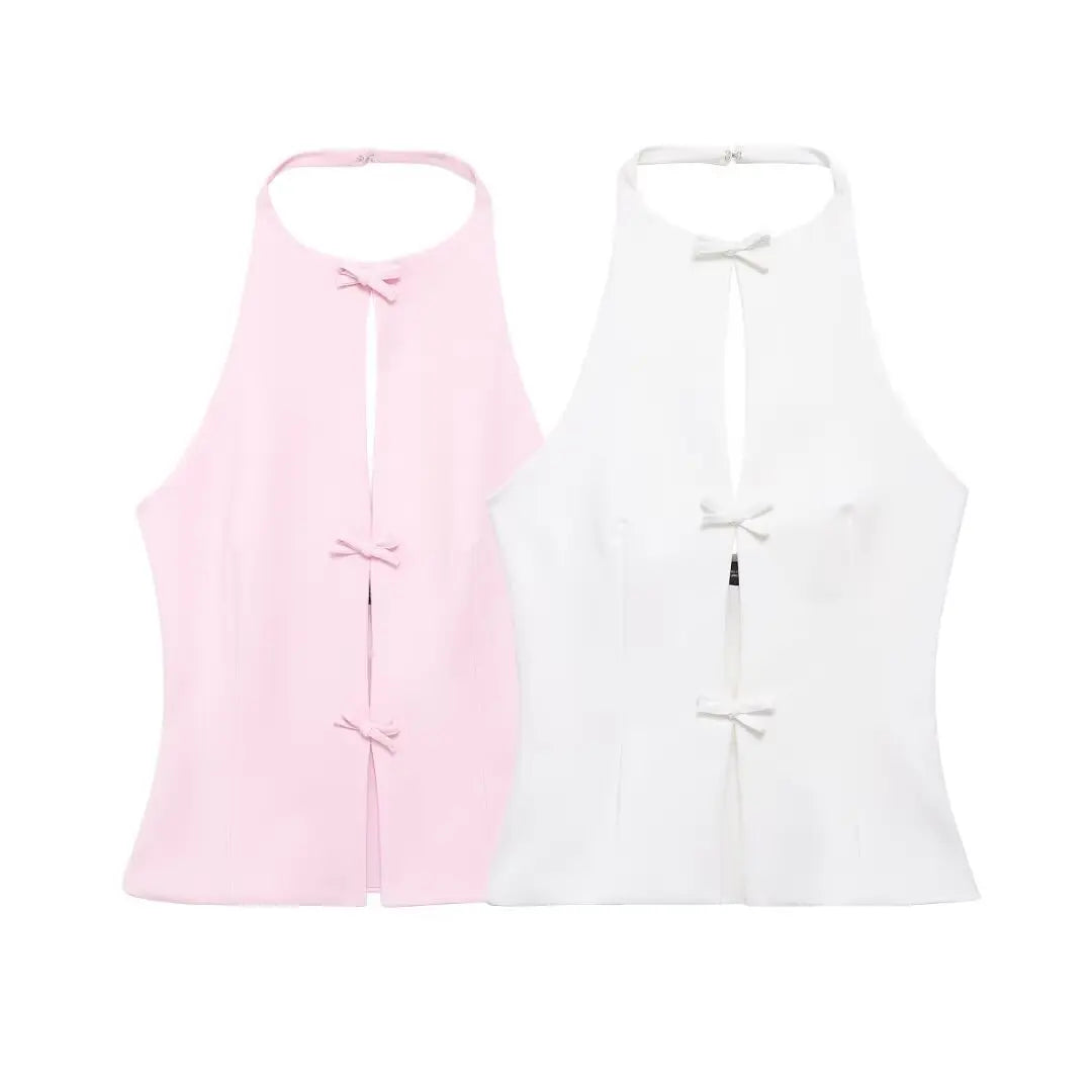 TRAFZA 2024 Women's Retro Bow-trimmed Vest Elegant Solid O Neck Sleeveless Off-shoulder Halterneck Summer Vintage Casual Tops