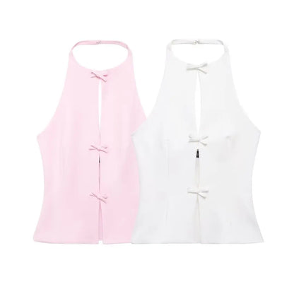 TRAFZA 2024 Women's Retro Bow-trimmed Vest Elegant Solid O Neck Sleeveless Off-shoulder Halterneck Summer Vintage Casual Tops