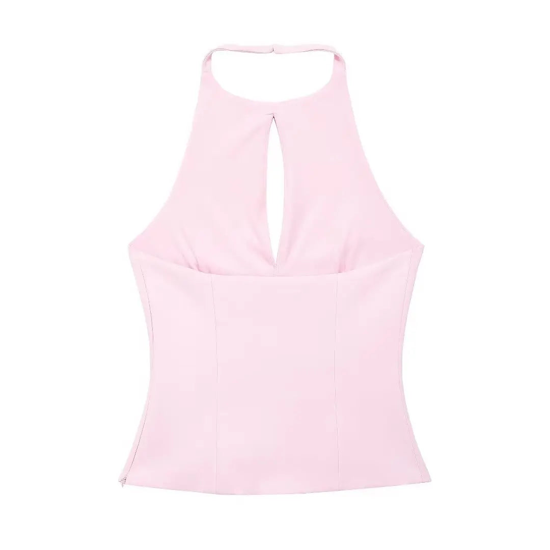 TRAFZA 2024 Women's Retro Bow-trimmed Vest Elegant Solid O Neck Sleeveless Off-shoulder Halterneck Summer Vintage Casual Tops