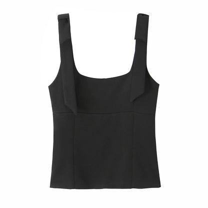 TRAFZA Summer Woman Elegant High Street Solid Side Zipper Slim Tops Women's Chic Sexy Sleeveless Bow Square Collar Sling Top