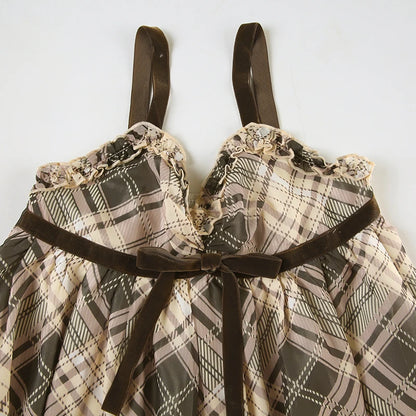 IAMHOTTY Plaid Print Camisole Vintage Contrast Color Tie-up Bow A-line Crop Top Y2K Aesthetic V-neck Corset Cute Holiday Outfits