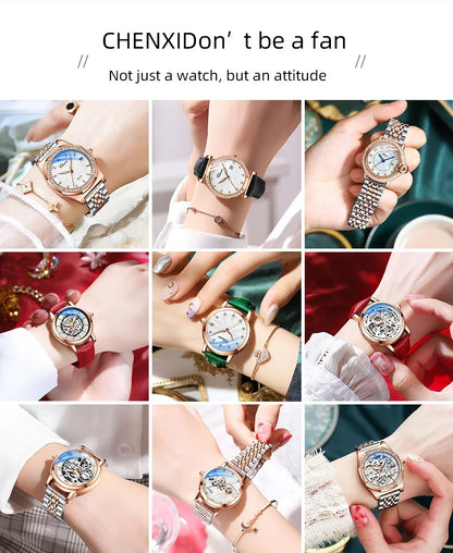 New CHENXI Women Automatic Mechanical Watch Top Brand Luxury Wrist Watch Waterproof Female Leather Business Clock Reloj de mujer