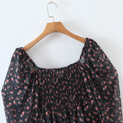 2022 Women Sexy Cross Bandage Black Flower Print Puff Long Sleeve Dress 3 layer Wood Ears Ruffles Hem Cake Mini Holiday Robe