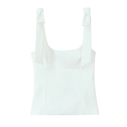 TRAFZA Summer Woman Elegant High Street Solid Side Zipper Slim Tops Women's Chic Sexy Sleeveless Bow Square Collar Sling Top