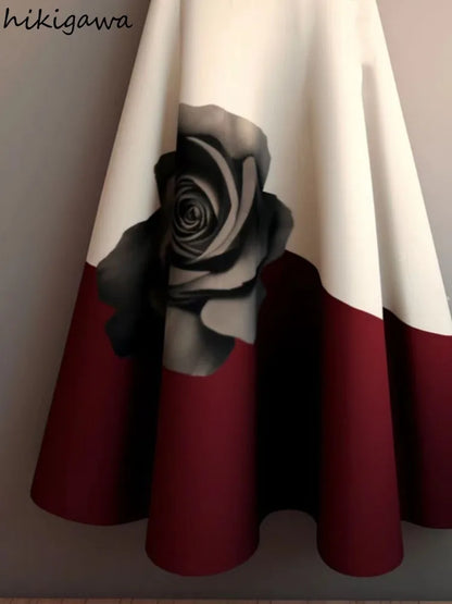 Vintage Skirt Women's Clothing Contrast Color Floral A-line Temperament Jupe 2025 Faldas Mujer De Moda Big Swing Summer Skirts